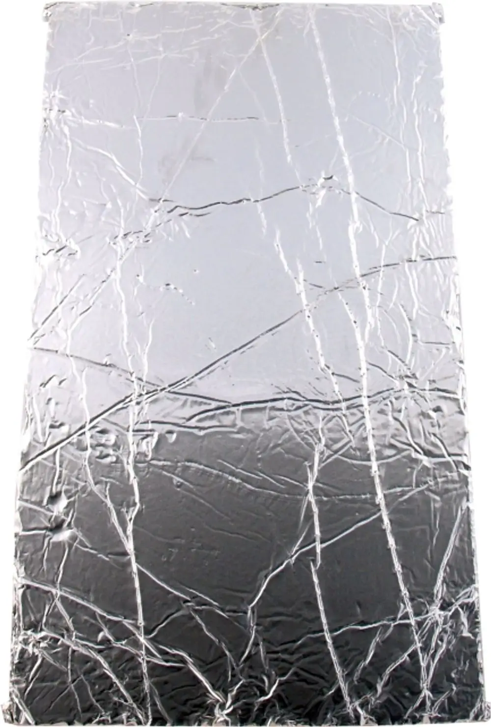 Folie mit glänzender Oberfläche, zerknittert, in Silber- und Grautönen. Möglicherweise für Wärmedämmung von Wolf Produkten verwendet.